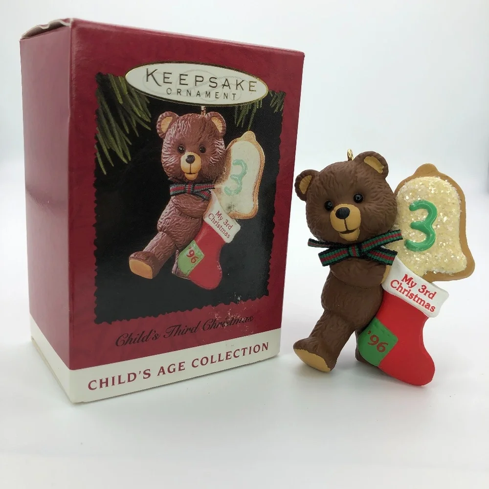 Vintage Hallmark Ornament Teddy Bear Figurine for Child's 3rd Christmas 1996 NEW